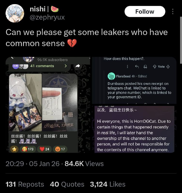 Its funny how people who dont know the reasons behind certain events will just make up bullshit in order to get a "complete picture". Human nature simply cant accept that something might be unknown to them.If miHoYo had actually caught him, he would have taken the whole site down and issued a public apology. Neither of those things happened. Instead, for several months he kept writing about how he wasnt interested in the game anymore and was distancing himself from it.But now, when there are a gazillion posts about him on the internet, he really might get scared for his own safety.